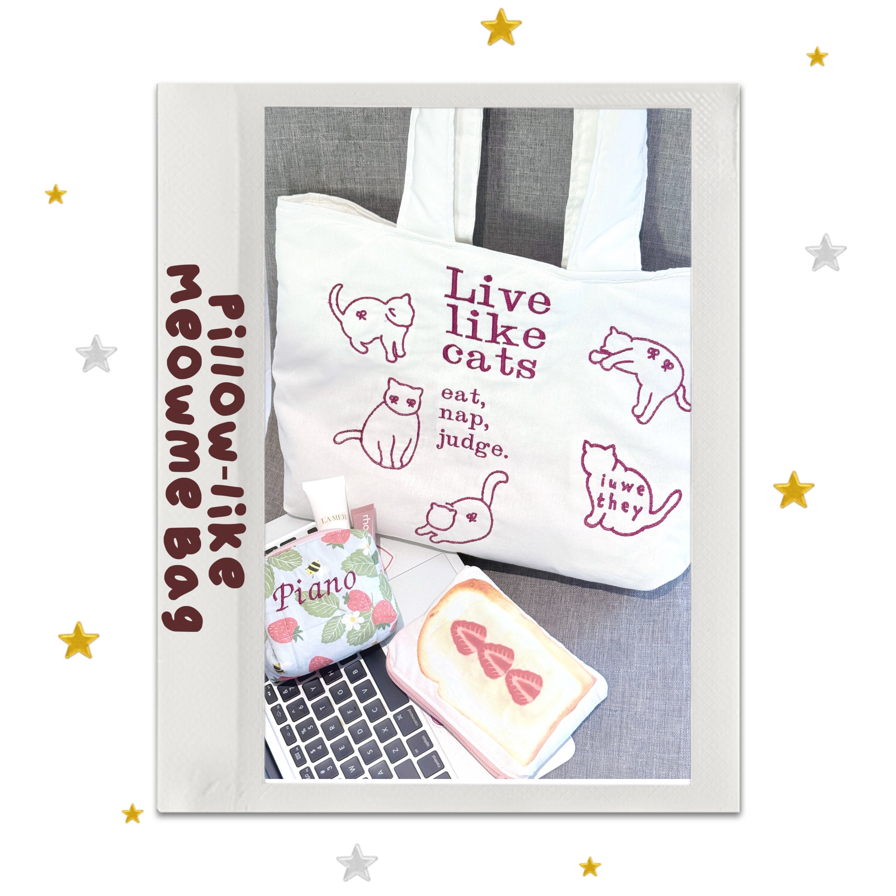 Pillow-like Shoulder Bag Embroidered Meowme
